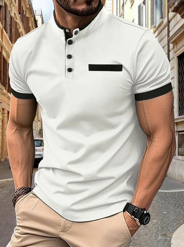 New men's high quality fashion polo shirt summer short sleeve plaid button solid color standing collar polo shirt short sleeve