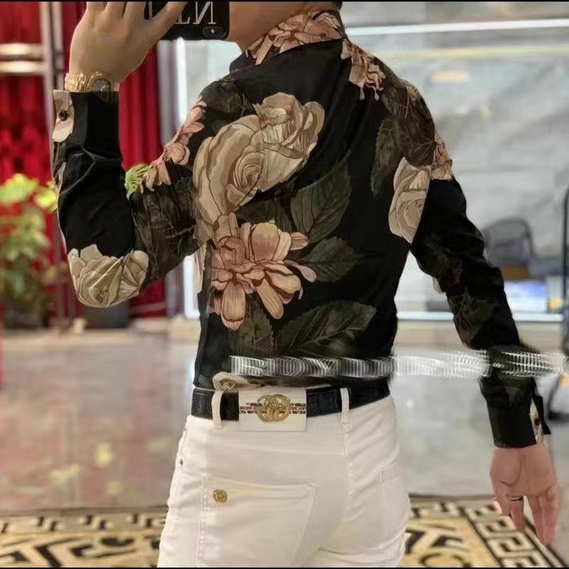 Moda nowa wiosenna i jesienna męska 2024 patchworkowa retro kwadratowy kołnierzyk z guzikami drukowanie szczupła wszechstronna koszula na co dzień z długim rękawem