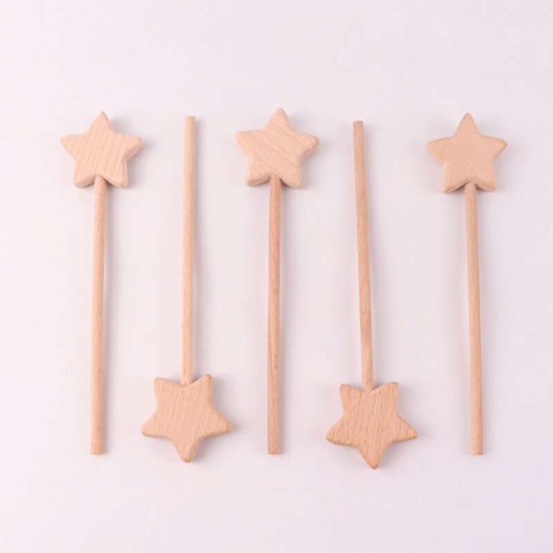 77HD Wooden Teether Stick Star Bear Flower Beech Wood Teething Toy Ornament for Baby Girls Boys Teething Pain Relief Appease
