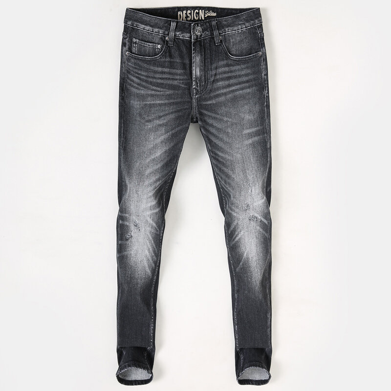 Europejski modne dżinsy męskie wysokiej jakości Retro czarny szary elastyczny Slim Fit porwane jeansy mężczyzn Vintage designerski spodnie dżinsowe Hombre