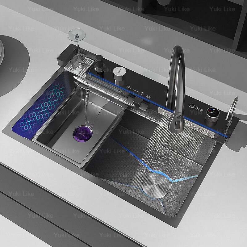 Lavello a doppia cascata lavello da cucina in acciaio inossidabile goffrato grande lavabo con display digitale a luce ambientale a fessura singola