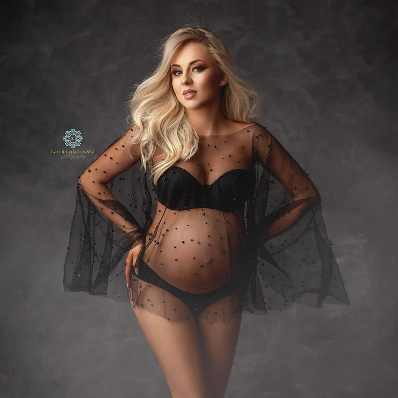 Gaun fotografi ibu hamil elegan jaring tanpa tali tingkat tinggi manik-manik kuku mutiara jubah Pullover foto kehamilan merekam jubah kecil