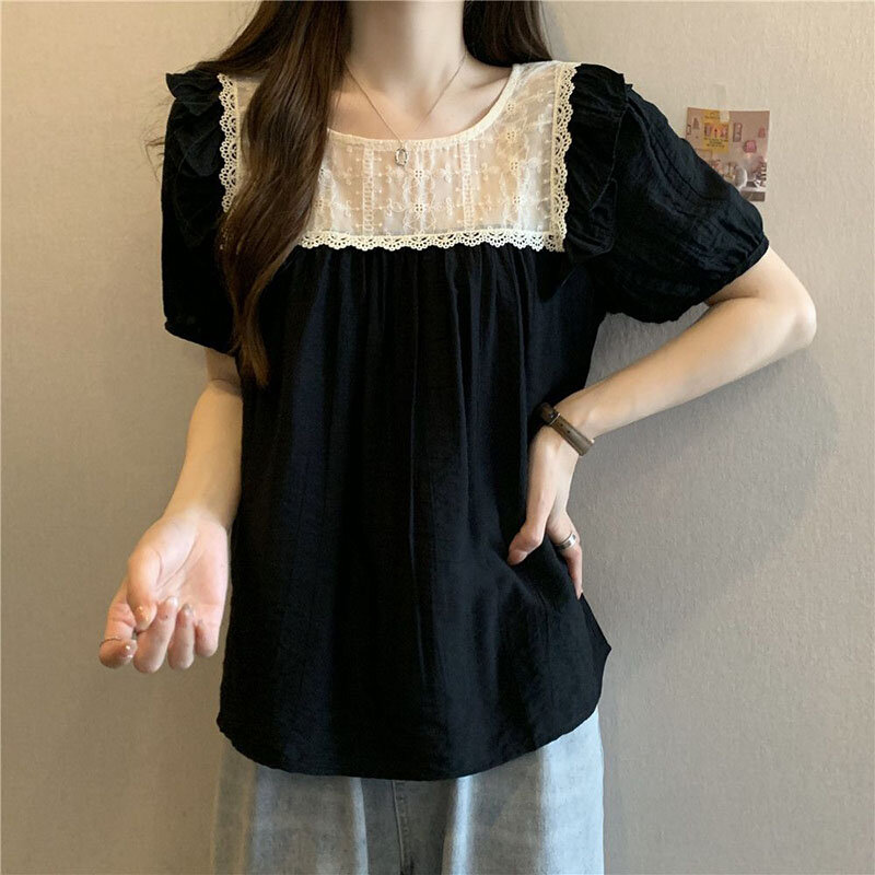 Sweet Square Collar Lace Folds Puff Sleeve Ruffles T-Shirts Female Clothing 2024 Summer New Loose Sweet Tops Casual Tee Shirt
