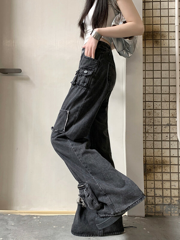 Jeans rasgados baggy para mulheres, calças flare empilhadas, roupas retas, calças novas da senhora da rocha, streetwear preto, grunge, Y2K, 2024