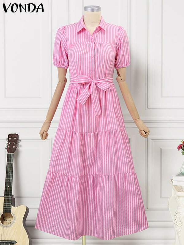 Женское платье-рубашка с поясом и коротким рукавом, размеры до 5XL