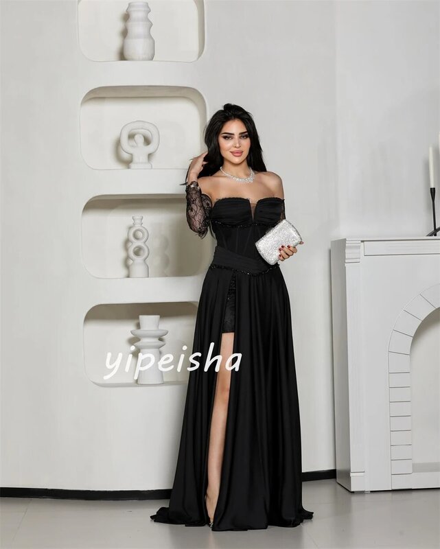 Satin Beading Sequined Draped Clubbing A-line Off-the-shoulder Bespoke Occasion Gown Long Dresses