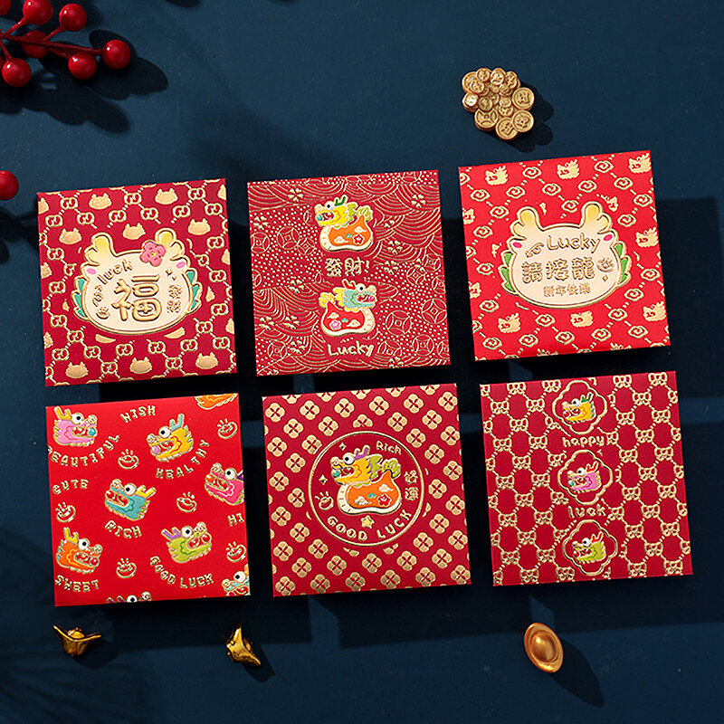 ซองแดงปีมังกร2024น่ารัก6ชิ้น/เซ็ตซองจดหมายสีแดงลายมังกรน่ารักเป็นของขวัญปีใหม่กระเป๋าเงินอวยพร