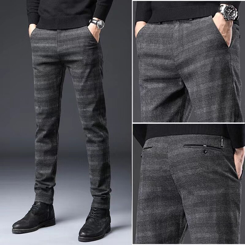 Men Trousers Fashion Smart Casual Check Comfortable Breathable Slim Fit Plaid Business Pants For Man Homme