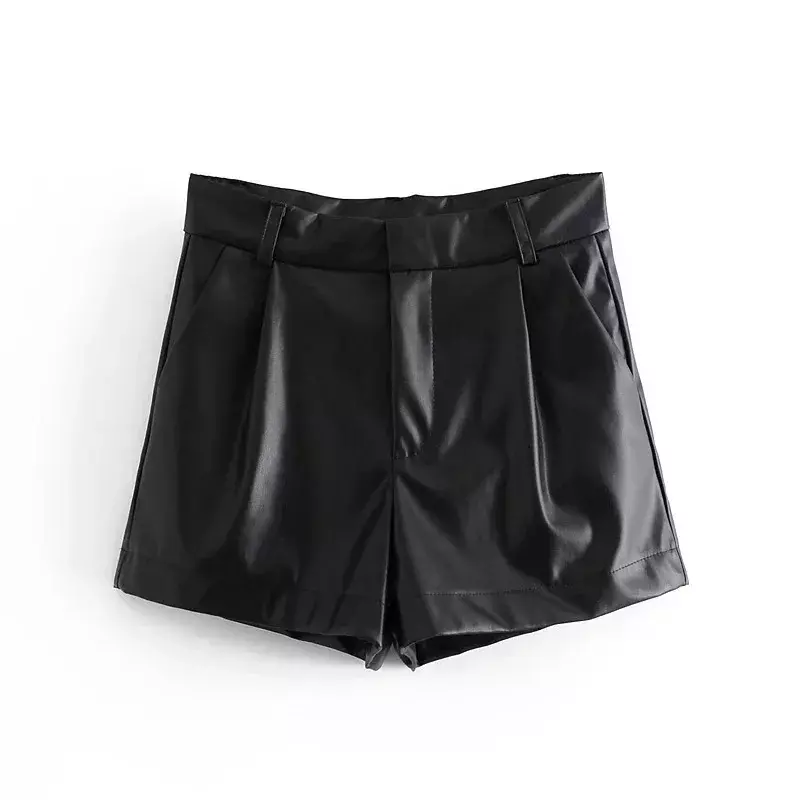 Shorts de couro sintético vintage feminino, cintura alta, bolsos laterais, mosca com zíper, streetwear de perna larga feminina, moda, 2022