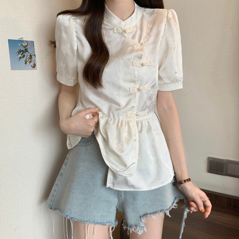 Miiiix-Camisola de manga bolha de gola em pé com botão chinês feminino, camisa de design original, nova, verão, 2022