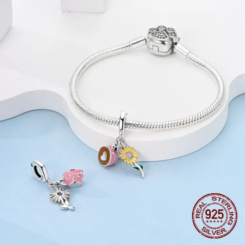 925 Sterling Silver Bracelet Charms, 100% Prata, Girassóis Dourados, Coração Beads, Fits Pandora Original, Festa de Luxo, Jóias DIY, Moda