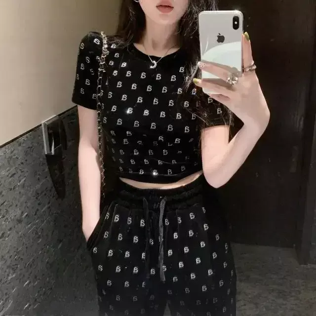 Velvet Two-piece Set with Foreign Style Heavy Industry Hot Diamond Short Sleeved Top and Casual Pants Set Letter Design Sense