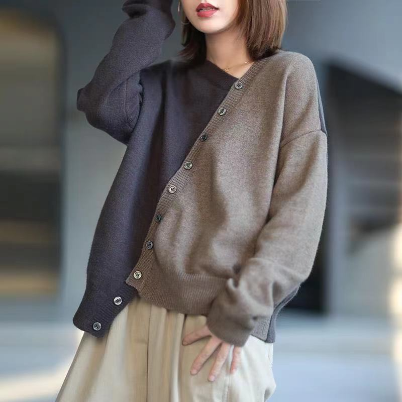 Asymmetrical Patchwork Knitted Women Sweater Cardigan Winter Vintage 2022 V-Neck Loose Casual Female Outwear Coats Tops