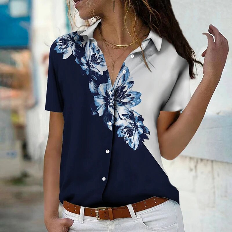 Blusa floral feminina de manga curta, streetwear Y2K, tops elegantes de botões, camisas com gola senhora do escritório, impressão 3D, preto, 2024