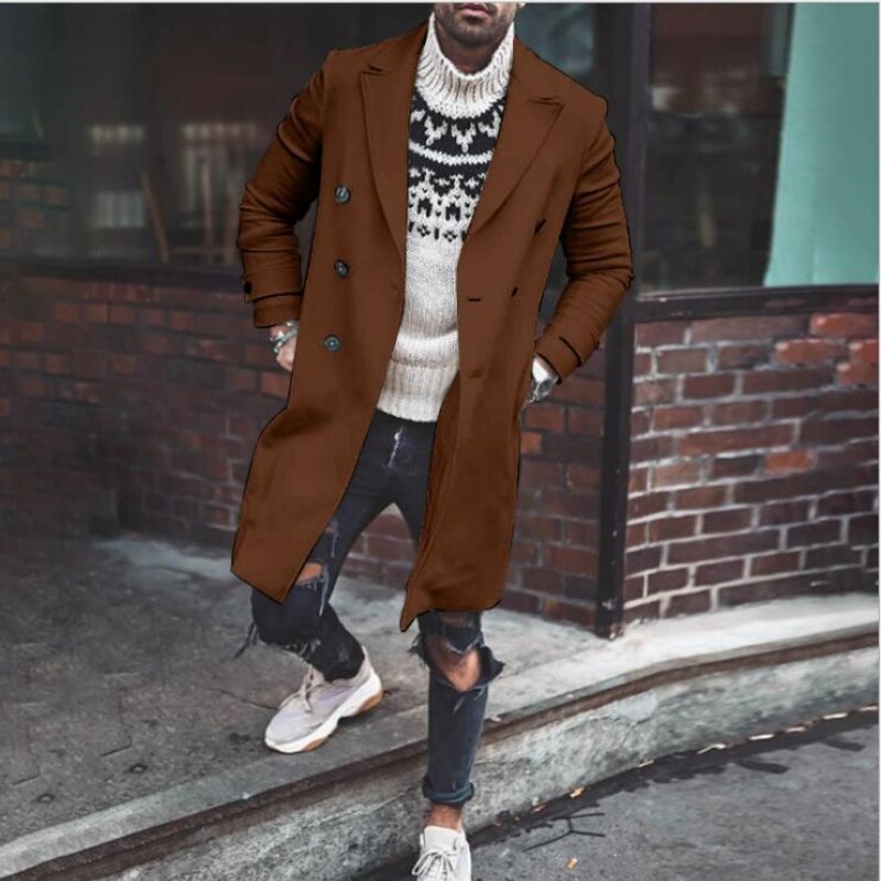 Solid Loose Man Jackets Lapel Long Coat Casual Trench Coats Double-breasted Regular Thickness Men's Clothing For Winter S-3XL