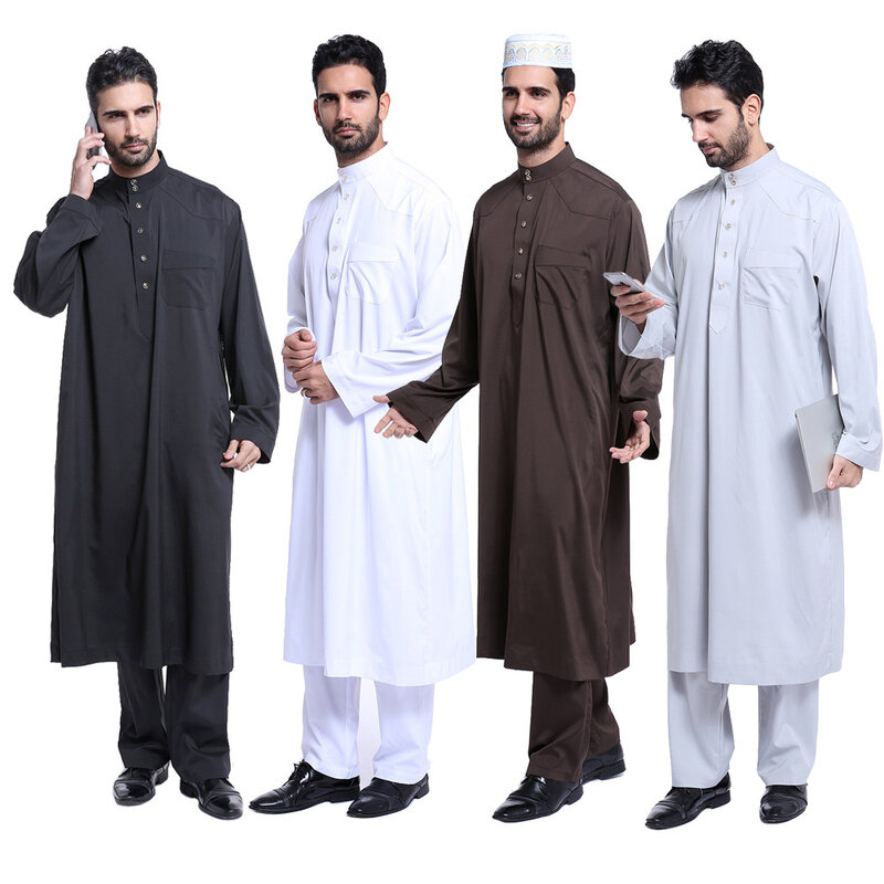 Dubai Muslim Arab pria Jubba Thobe pakaian jubah panjang 2 potong Set atasan dan celana Saudi Musulman setelan pakaian