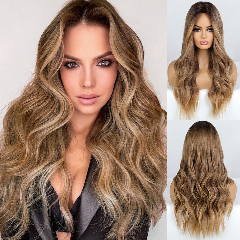 New style linen brown realistic gradient Color high temperature silk European and American chemical fiber long curly hair Wigs