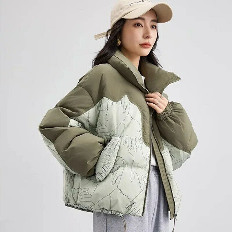 2024 Autumn Winter New Fashion Trend Spliced Down Coat Women's Short Loose Large Pocket White Duck Jacket for Women F195