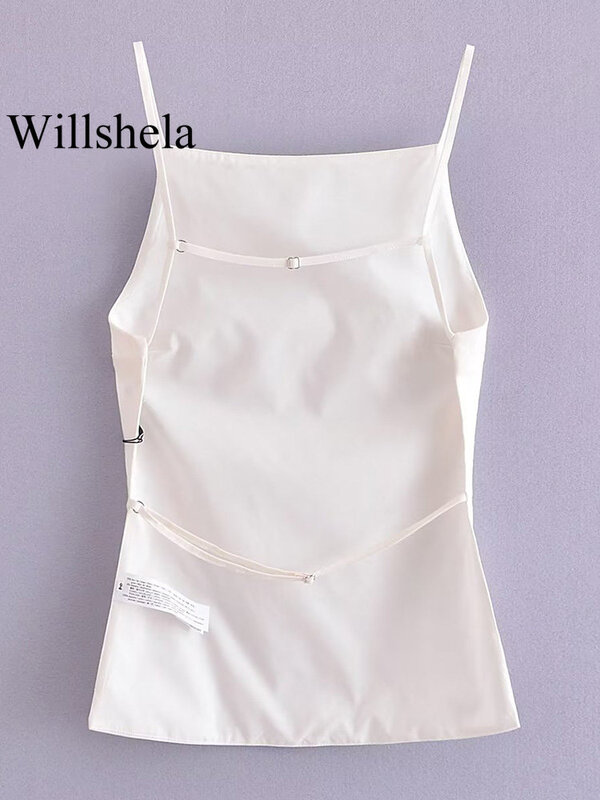 Willshela Women Fashion Solid Lace Up Backless Camisole Vintage Thin Straps Square Collar Female Chic Lady Tops