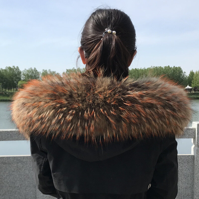 Kalung bulu rakun asli syal bulu alami hangat mewah dekorasi tudung bulu musim dingin wanita untuk Jaket mantel syal bulu asli hitam