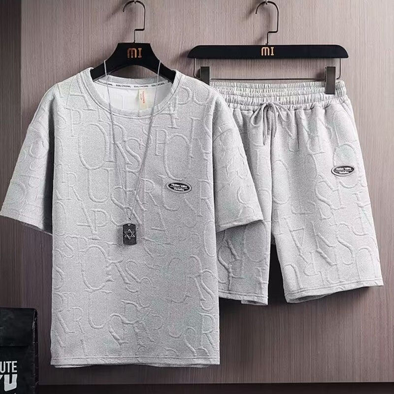 Casual Solid Color Round Neck Motion Men Summer Thin Style Large Size Loose Comfortable Short Sleeved Tops Shorts Two Piece Set
