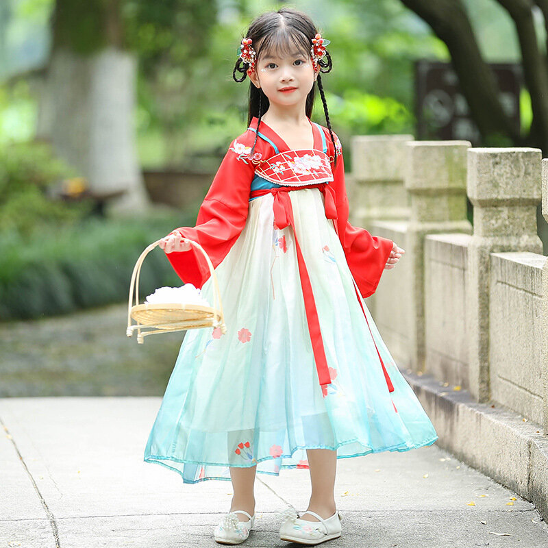 소녀 가을 새로운 동양 레트로 레드 자수 Hanfu 드레스 중국어 스타일 전통 치마 파티 저녁 성능 Vestido