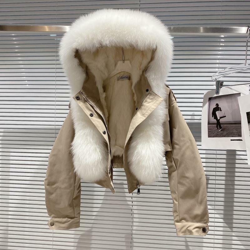 2022 zima nowe futro kurtka kobiety z kapturem typu Oversized kołnierz z futra lisa podszewka z futra królika krótkie kurtki damskie ciepłe bawełny płaszcz