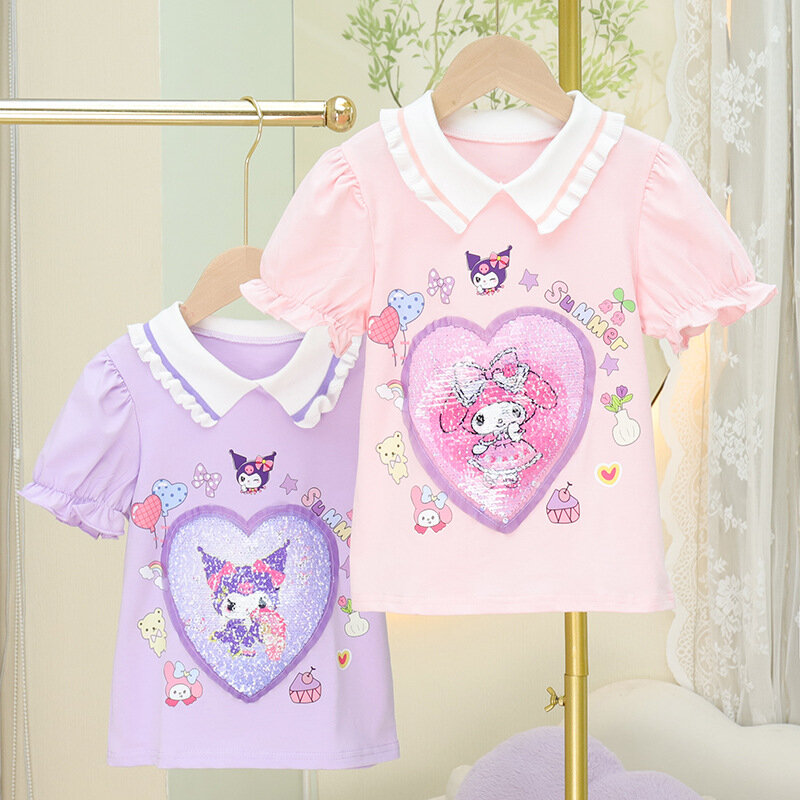 Anime Sanrios Kids Korte Mouw Kawaii Mijn Melodie Kuromi Meisje Katoenen T-Shirt Cartoon Halve Mouw Tops Mode Zomer Kinderkleding