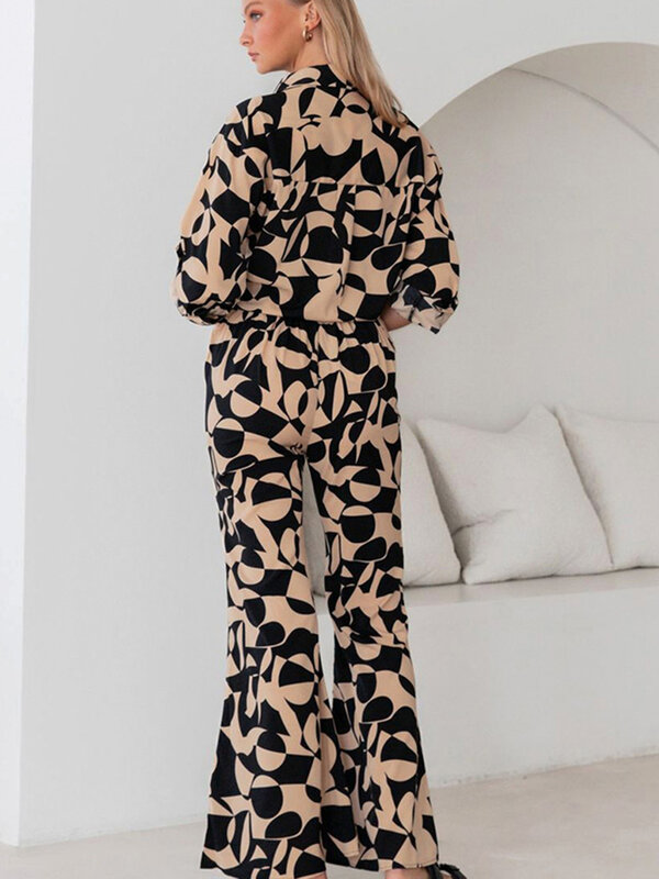 Marthaqiqi Casual Femme Sleepwear Set Long Sleeve Nightgowns Turn-Down Collar Nightwear Wide Leg Pants Women Pajama 2 Piece Suit