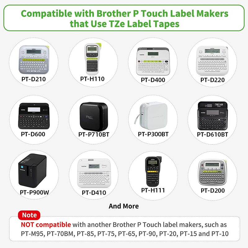 Fita de etiqueta compatível para Brother Tze, compatível com P-touch, Label Maker, H110, H200, TZ-231, TZ-251, TZ-131, 12mm, H200