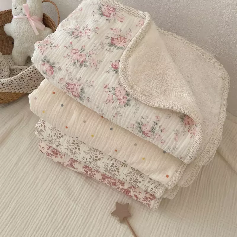 Mantas de invierno para bebé recién nacido, conjunto de Manta de algodón de muselina Floral de terciopelo coreano, madre e hijo