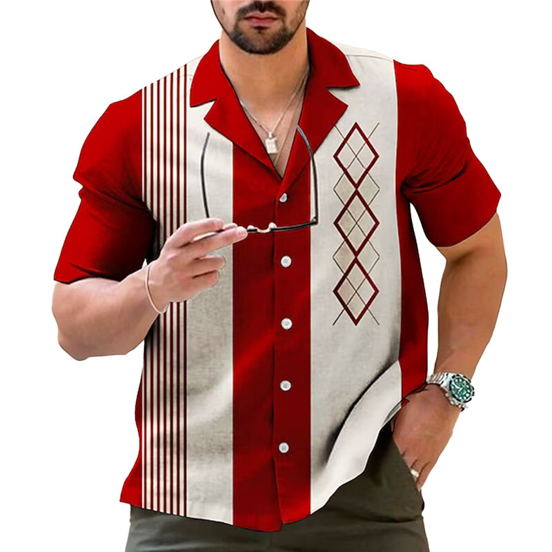 Camisa de boliche casual masculina atemporal, design retrô listrado, manga curta com botão baixo, perfeita para roupas casuais e eventos sociais