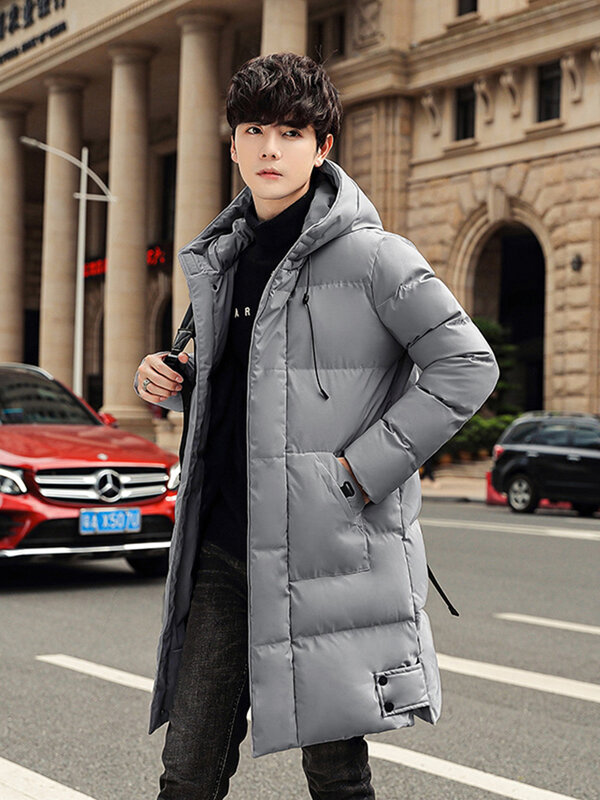 Mantel panjang pria, jaket empuk katun musim dingin 2023, mantel hangat tudung Parka, pakaian luar tebal penahan angin pria