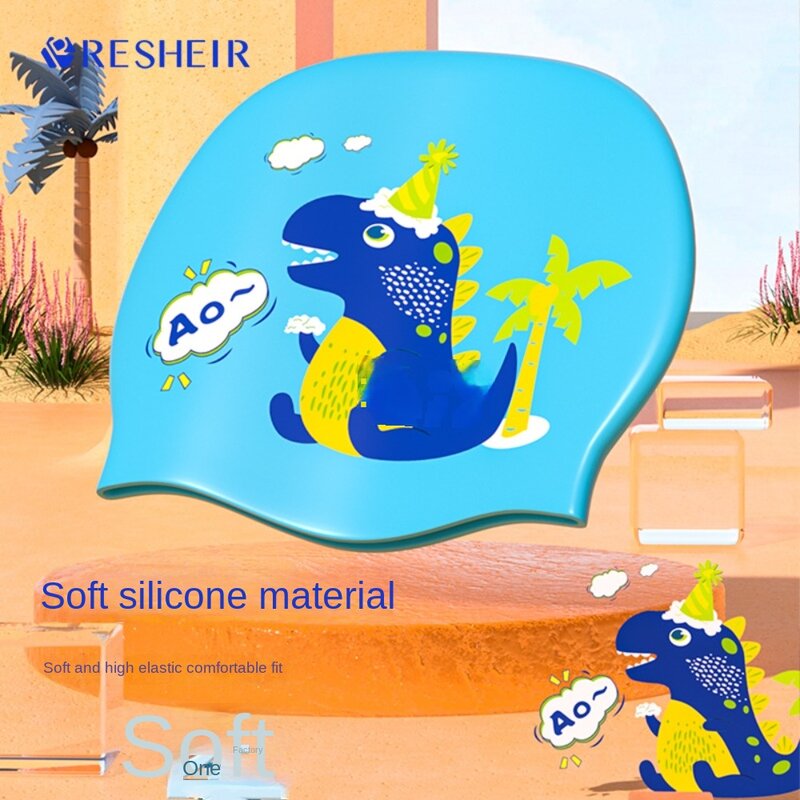 Детская шапка для плавания, Гибкая Силиконовая Водонепроницаемая шапка для дайвинга, защита ушей, с рисунком динозавра, детский чехол