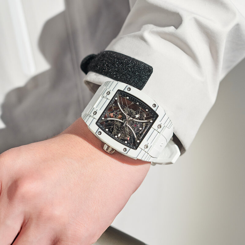 OBLVLO Top zegarek marki mody zegarek dla człowieka kwadratowy szkieletowy zegarek automatyczny zegarek mechaniczny z gumowym paskiem zegarki EM-S