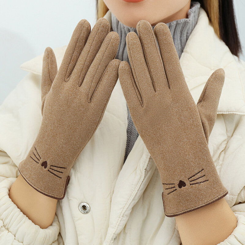 Kobiety jesienno-zimowa ciepła ekran dotykowy polar kot kreskówkowy haft śliczne piękne rękawiczki elastyczne miękkie Drive