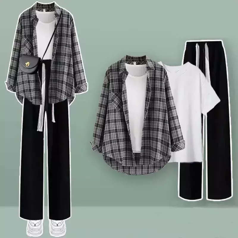 Conjunto de tres piezas de pantalones de pierna ancha para mujer, chándal elegante, Camisa de gasa de retazos a cuadros, camiseta blanca, blusa