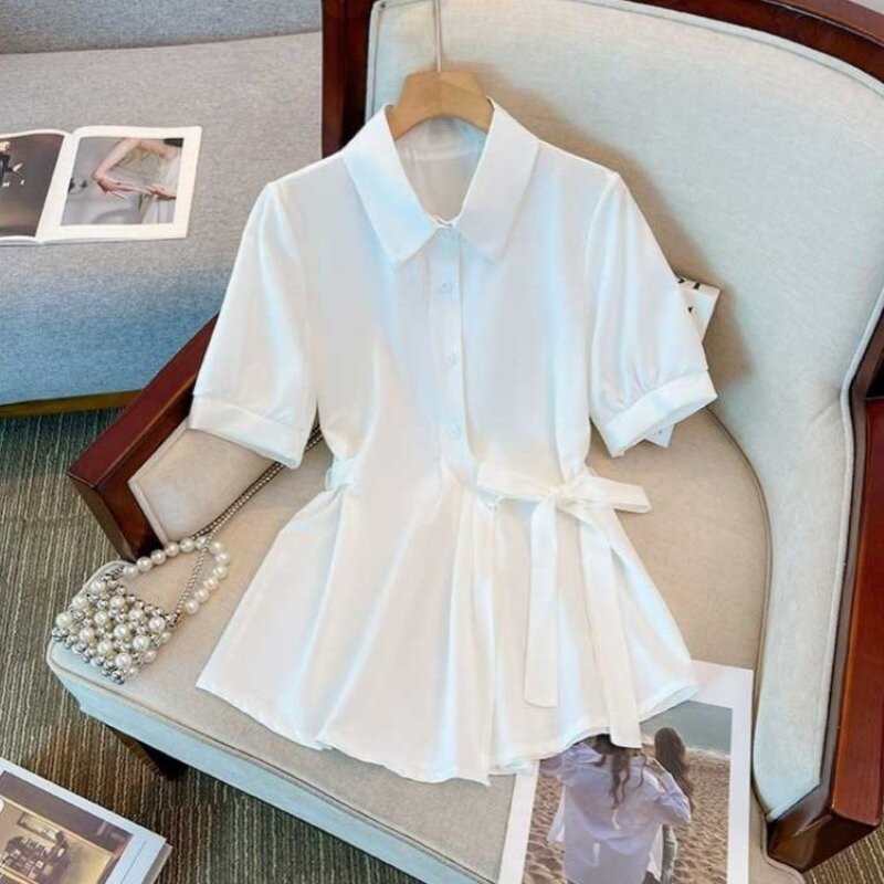 Женская рубашка-поло с коротким рукавом, Повседневная однотонная Облегающая рубашка-поло составного кроя с воротником на пуговицах, в минималистичном стиле, лето 2024