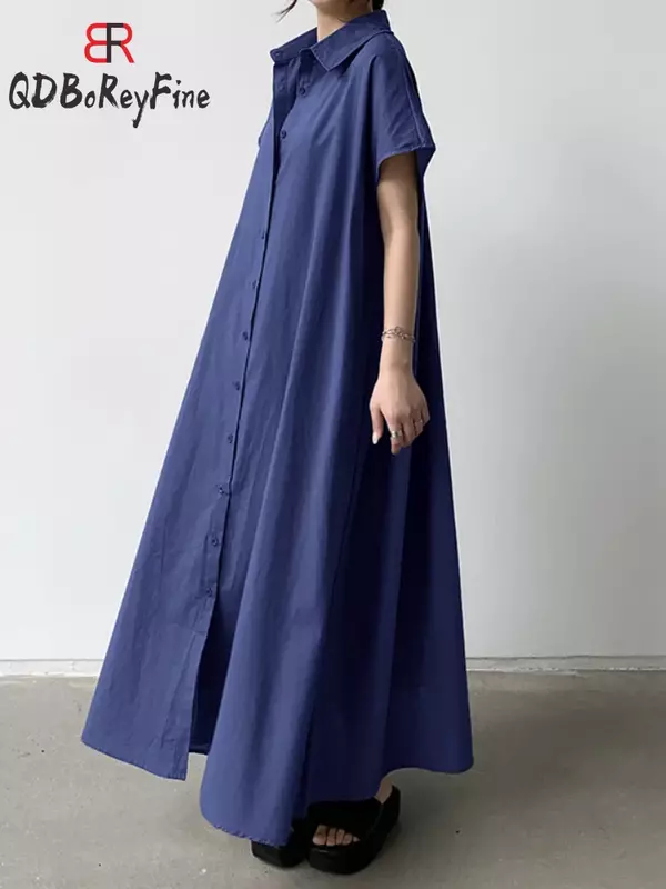 Женское платье-рубашка с коротким рукавом, однотонное однобортное хлопковое Повседневное платье-макси большого размера в Корейском стиле, лето
