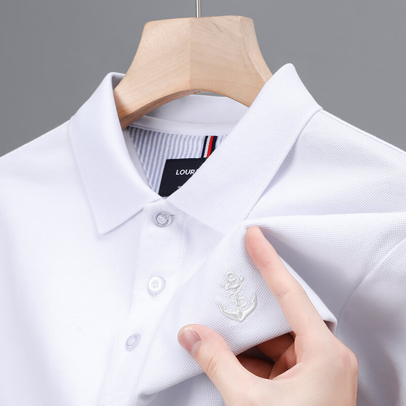 Camisa polo bordada masculina, lapela, meia manga, casual, respirável para golfe, nova tendência britânica, qualidade de luxo, verão, 2024