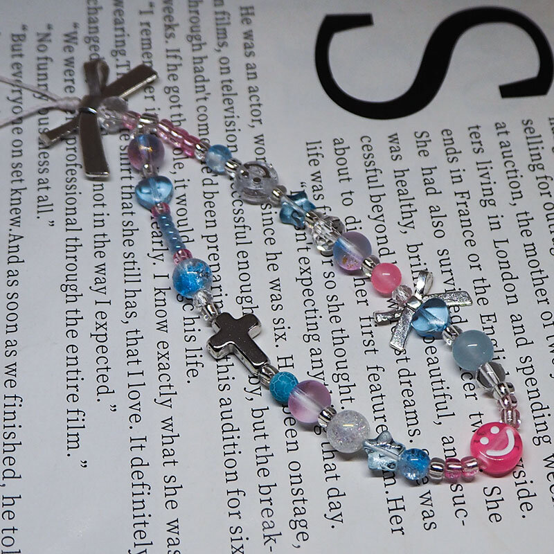 Женский приблизительный шнурок с цепочкой, акриловый Серебряный бант, сердце, крест, стеклянный браслет с трещинами, Y2K, брелок для девочек, розовые, голубые ювелирные изделия