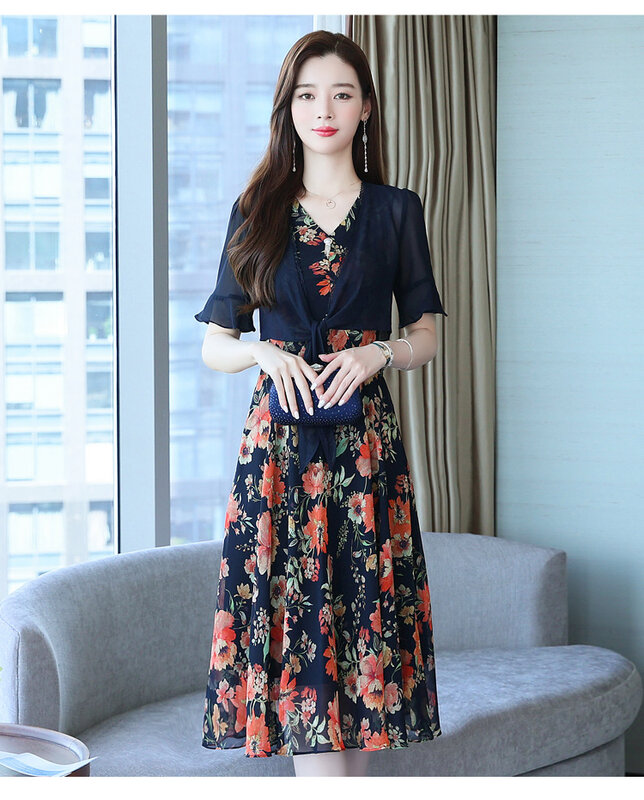 Vestido de moda feminina 2022 verão novo estilo coreano bandagem retro impresso chiffon vestido blusa de duas peças terno