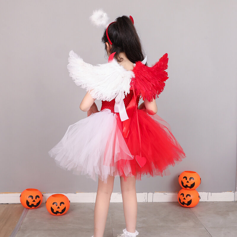 Naughty & Nice vestido de fantasía para niños, disfraz de Halloween, vestido de fiesta de Cosplay para niñas, vestido de tutú con diadema de Ala
