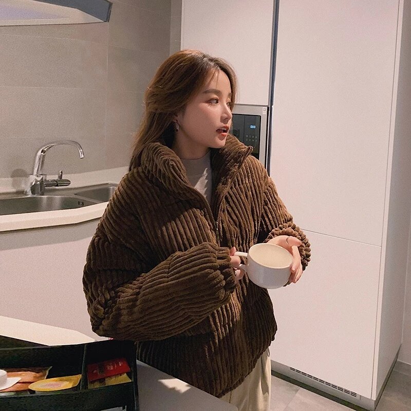 2023 nowe zimowe sztruksowe krótkie kurtki damskie koreańskie gruby suwak bawełniane parki damskie stojak Collor bąbelkowe płaszcze ciepła odzież wierzchnia