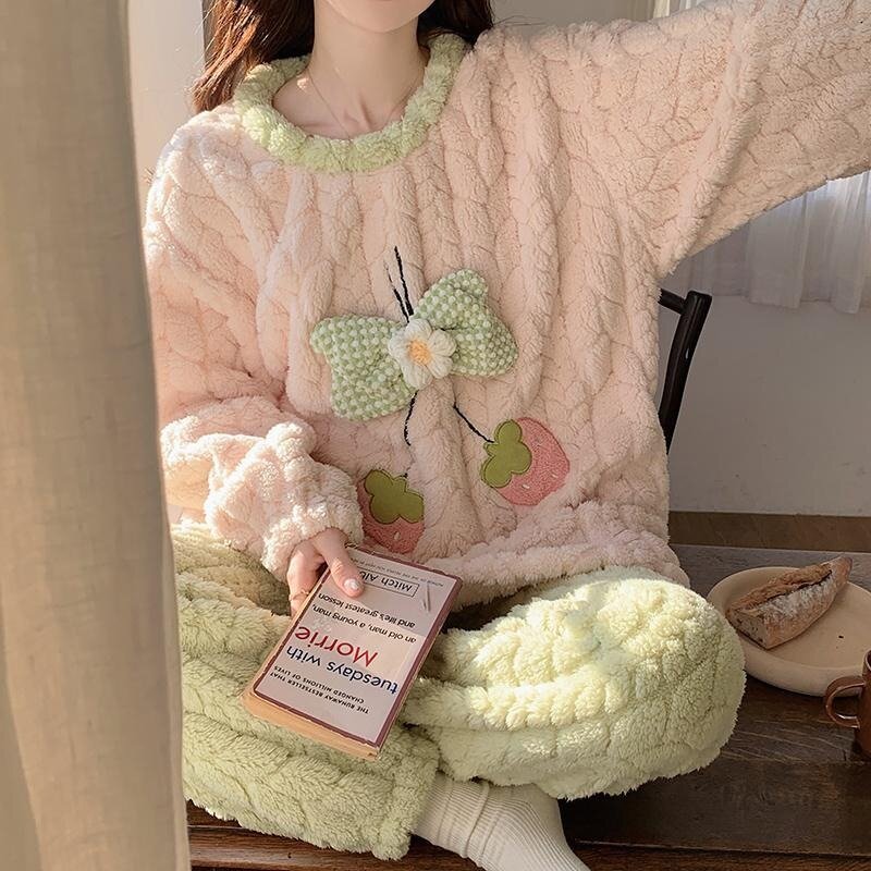2024 New Coral Velvet Pajamas Women Autumn Winter Sleepwear Thick Velvet Suit Sweet Tulip Loungewear Warm Flannel Loose Homewear