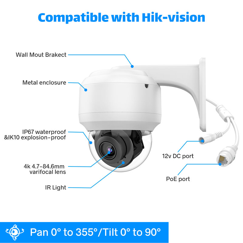4K PTZ IP 카메라 5MP 8MP PoE 고속 돔 4X 광학 줌 내장 마이크 야외 IP66 포함 벽 브래킷 Hikvision 프로토콜