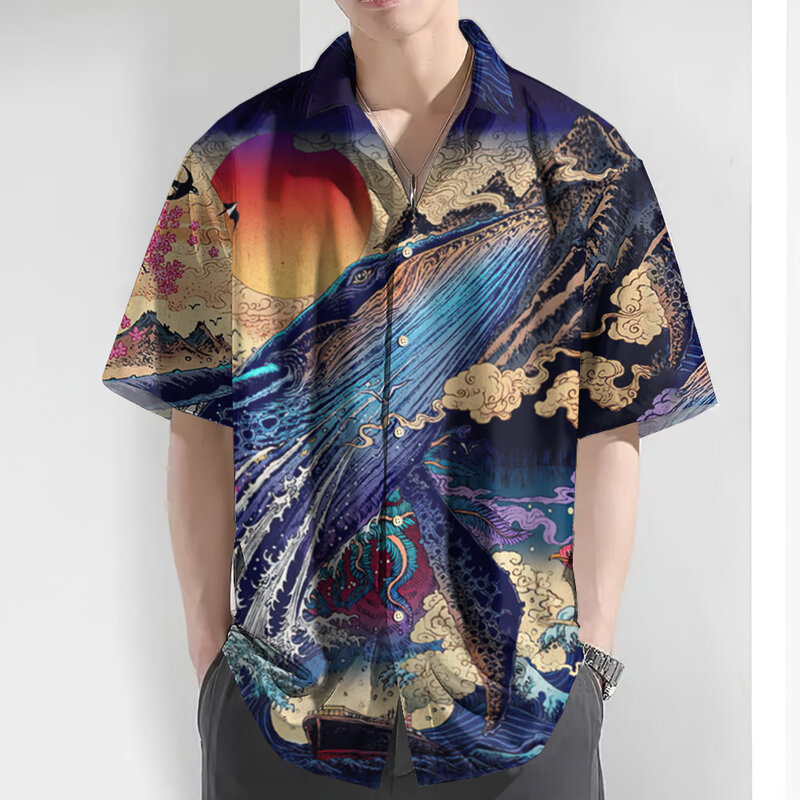 Retro Men's Shirt Ukiyo-E Print Hawaiian Shirts For Men Summer Casual Short Sleeve Shirt Street Men Clothes Oversized Shirts Top