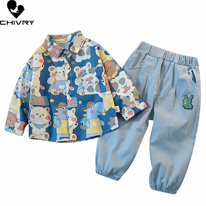 Set di abbigliamento per ragazzi nuovo 2023 primavera autunno Baby Boy Fashion Cartoon risvolto camicie top con pantaloni bambini Casual set di due pezzi