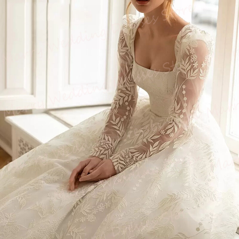 Gaun pernikahan A-Line leher persegi elegan gaun pengantin applique renda tanpa punggung gaun pengantin dengan lengan panjang dapat dilepas baru Vestidos De Novia
