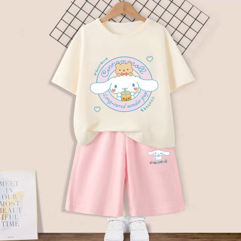 Sanrio Kuromi Cinnamoroll dzieci letnia koszulka zestaw szortów z krótkim rękawem kreskówka odzież codzienna dziewczynka chłopiec odzież sportowa prezent dla dzieci